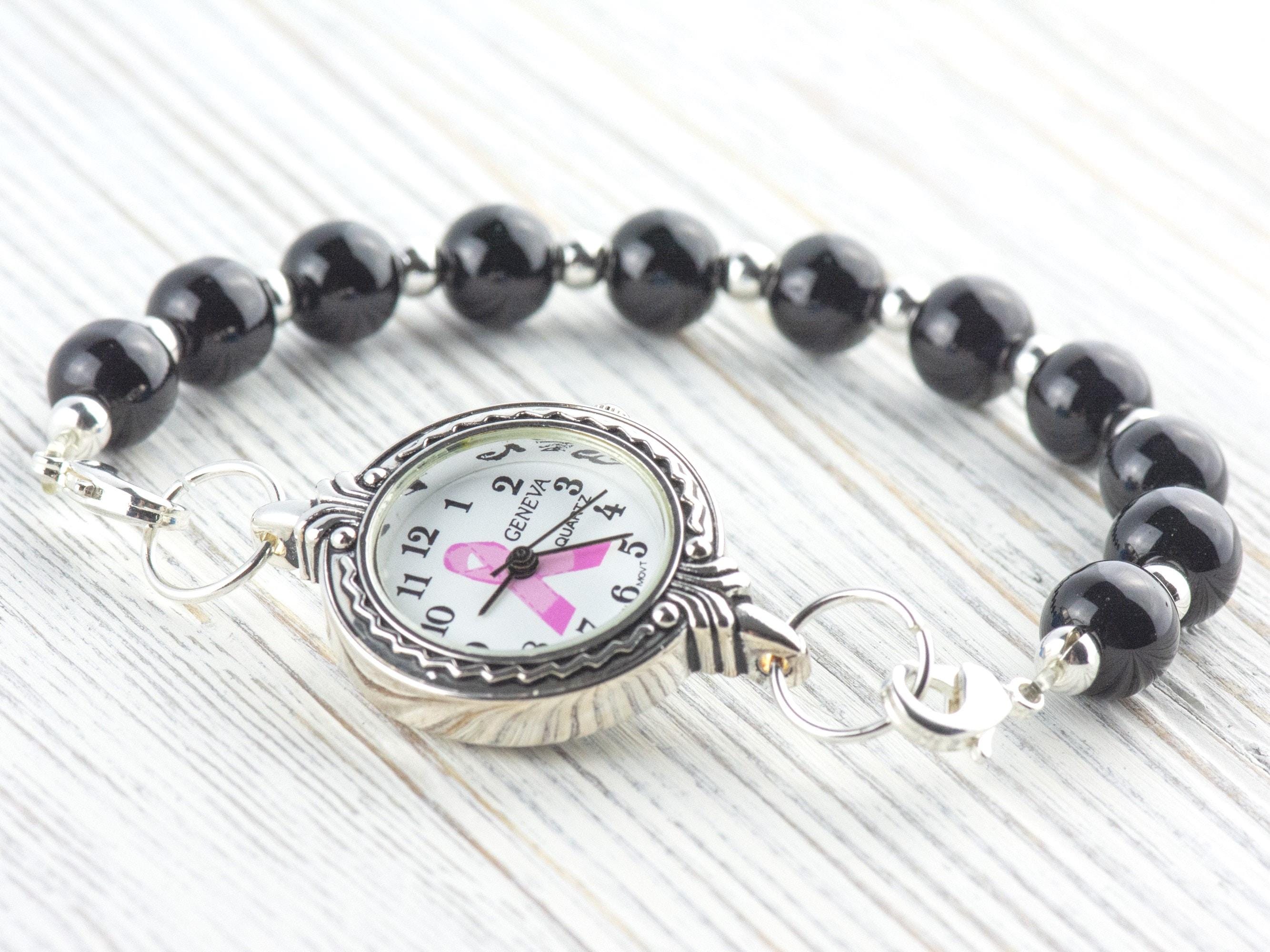 Pink Ribbon Silvertone Fancy Round Watch Face • White Dial • DIY Beading Watch • Jewelry Making • Analog • Loops and Battery Included