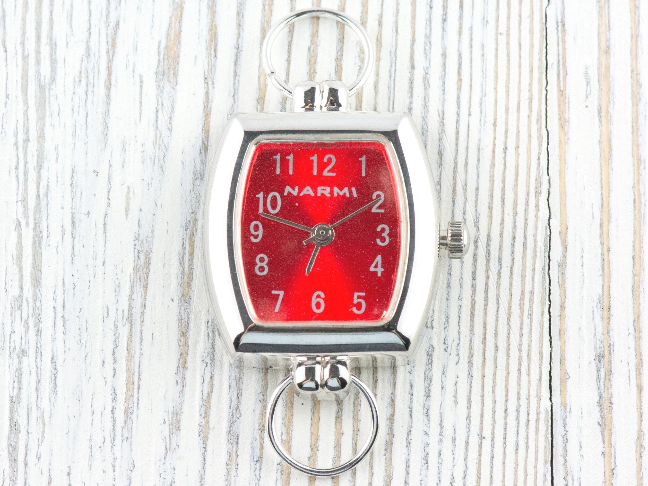 Red Dial Silvertone Square Rectangle Watch Face • DIY Beading Watch • Jewelry Making • Analog • Loops and Battery Included