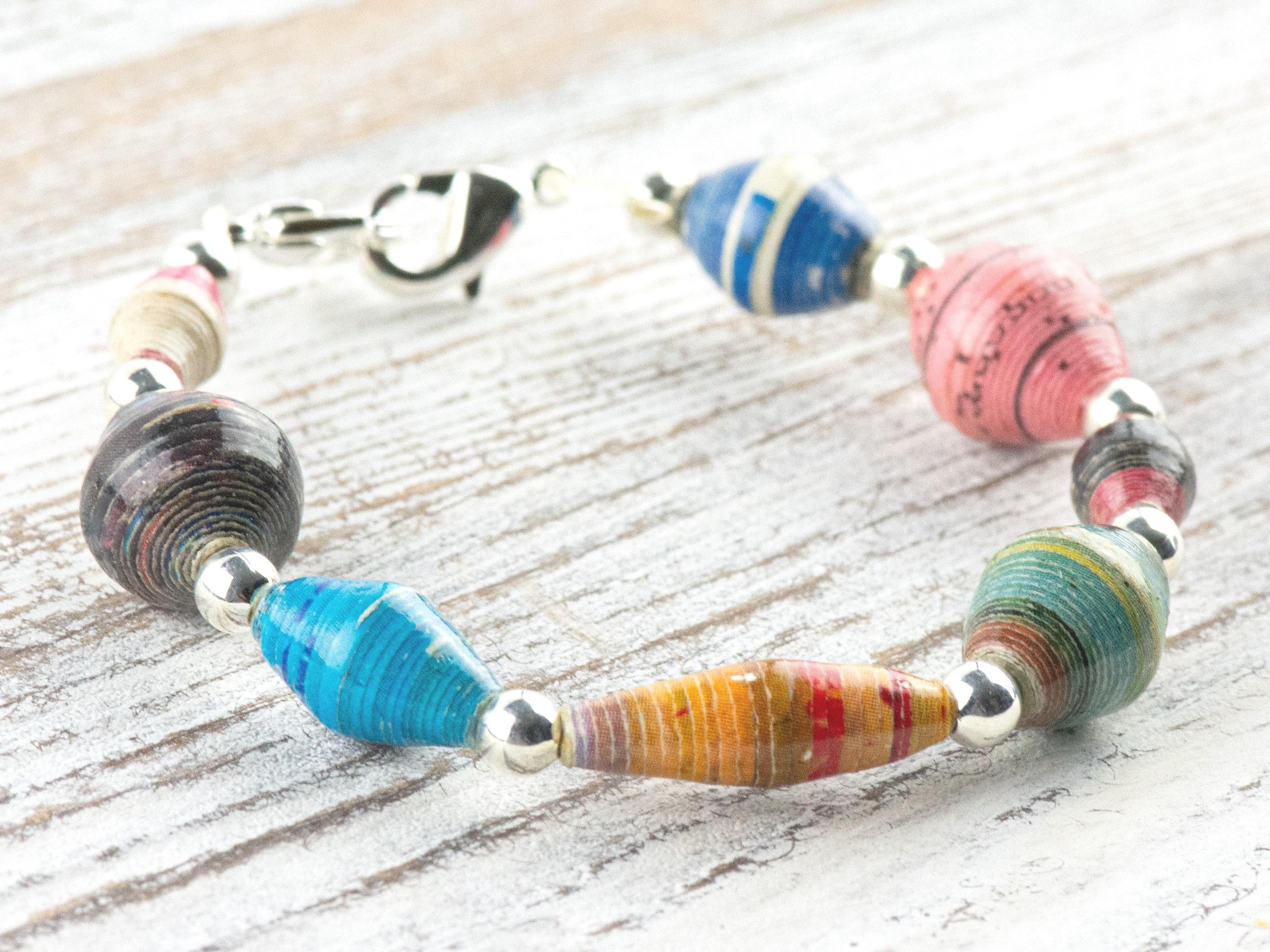 Recycled Paper Beads Interchangeable Stretch Beaded Watch Band • Medical ID Bracelet • Single Strand • Handmade Jewelry