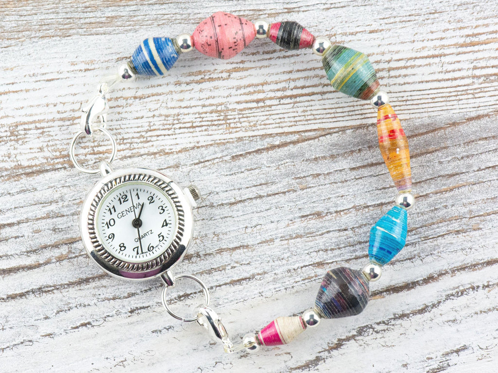 Recycled Paper Beads Interchangeable Stretch Beaded Watch Band • Medical ID Bracelet • Single Strand • Handmade Jewelry