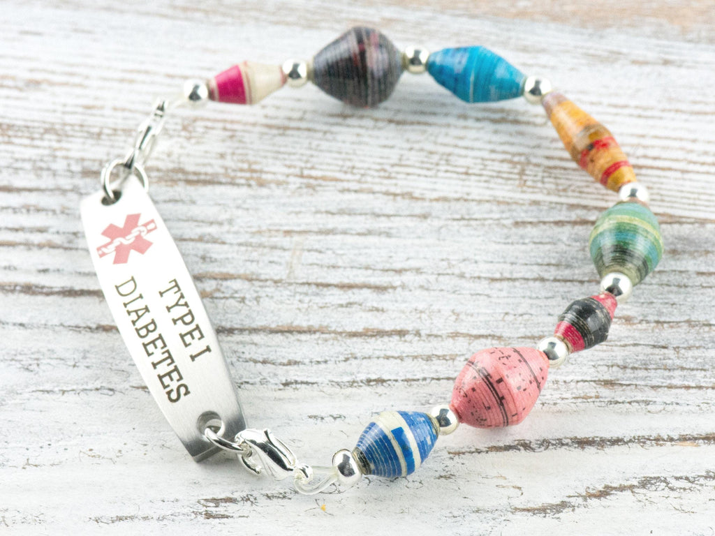 Recycled Paper Beads Interchangeable Stretch Beaded Watch Band • Medical ID Bracelet • Single Strand • Handmade Jewelry