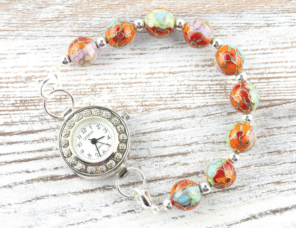 Cloisonne Round Orange Mix Interchangeable Stretch Beaded Watch Band • Medical ID Bracelet • Single Strand • Handmade Jewelry