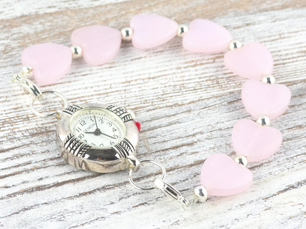 Pink Hearts Interchangeable Stretch Beaded Watch Band • Medical ID Bracelet • Single Strand • Handmade Jewelry