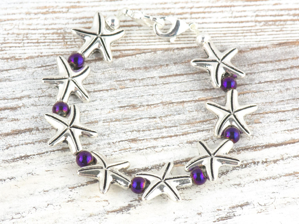 Purple Starfish Interchangeable Stretch Beaded Watch Band • Medical ID Bracelet • Single Strand • Handmade Jewelry