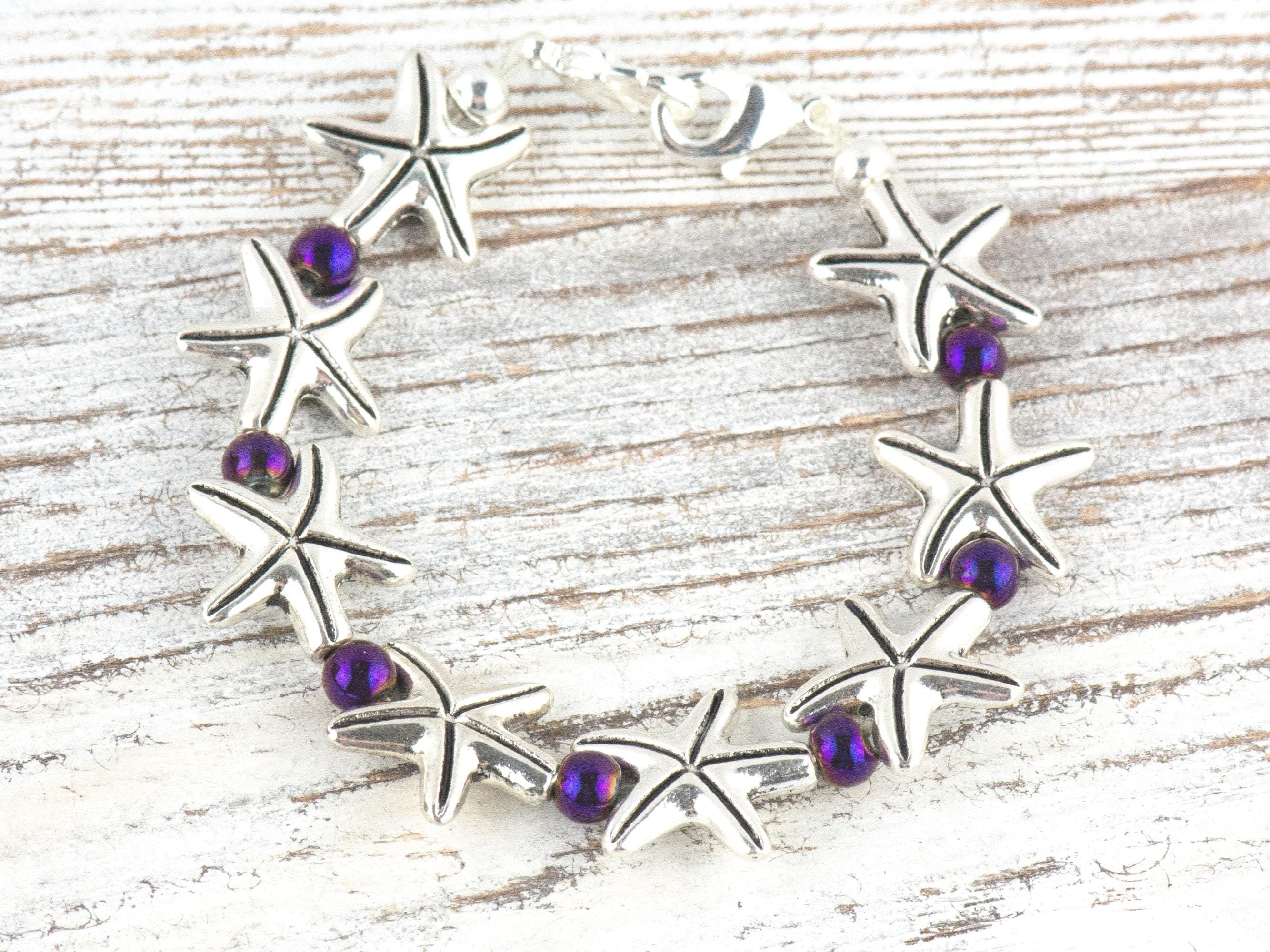 Purple Starfish Interchangeable Stretch Beaded Watch Band • Medical ID Bracelet • Single Strand • Handmade Jewelry