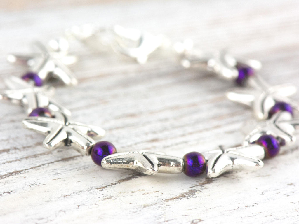 Purple Starfish Interchangeable Stretch Beaded Watch Band • Medical ID Bracelet • Single Strand • Handmade Jewelry