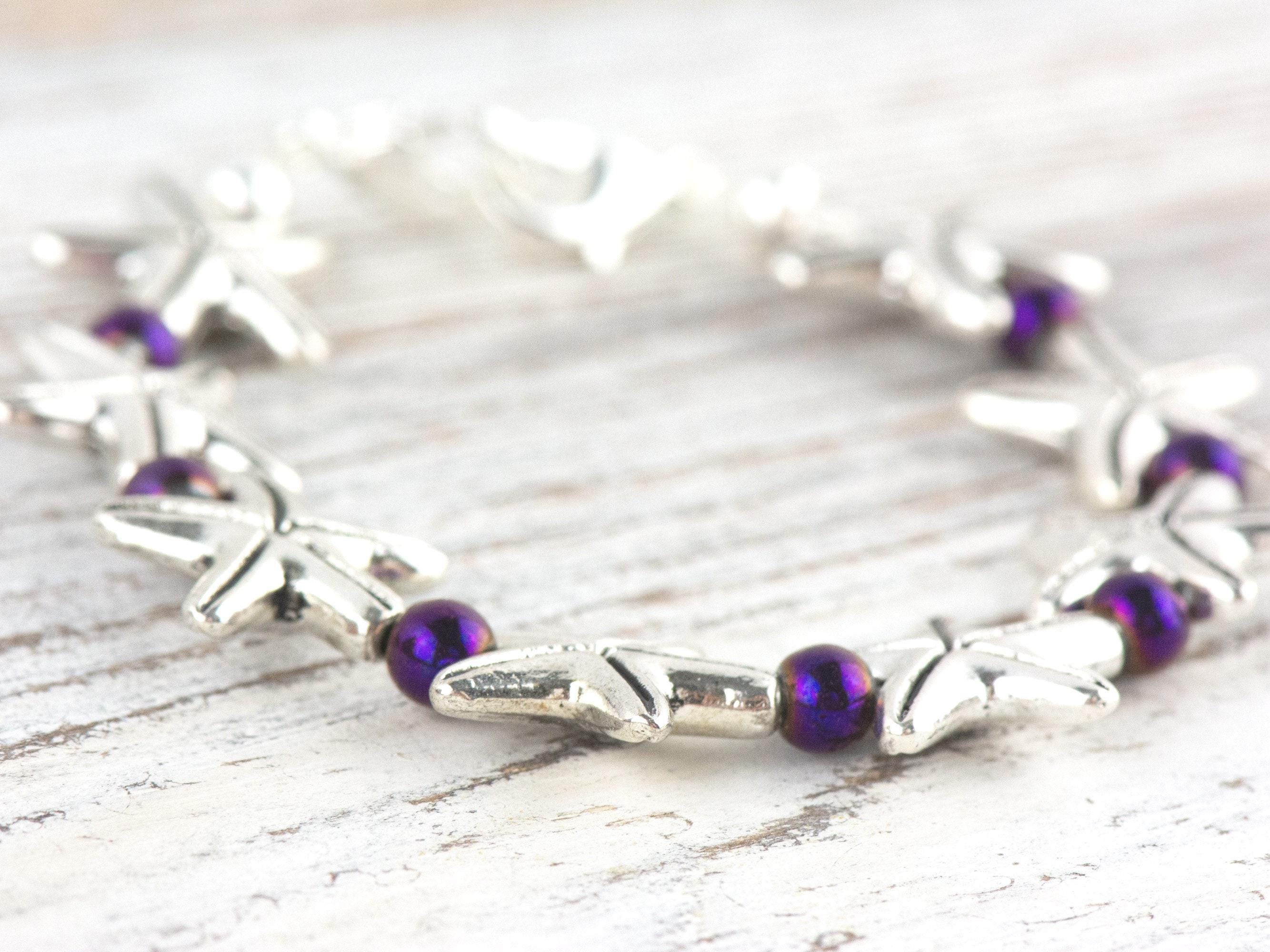 Purple Starfish Interchangeable Stretch Beaded Watch Band • Medical ID Bracelet • Single Strand • Handmade Jewelry