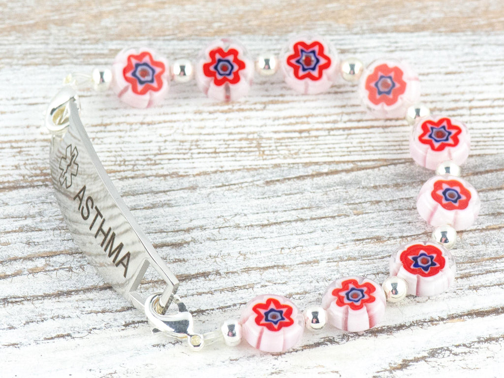 Red Burst Glass Coin Interchangeable Stretch Beaded Watch Band • Medical ID Bracelet • Single Strand • Handmade Jewelry