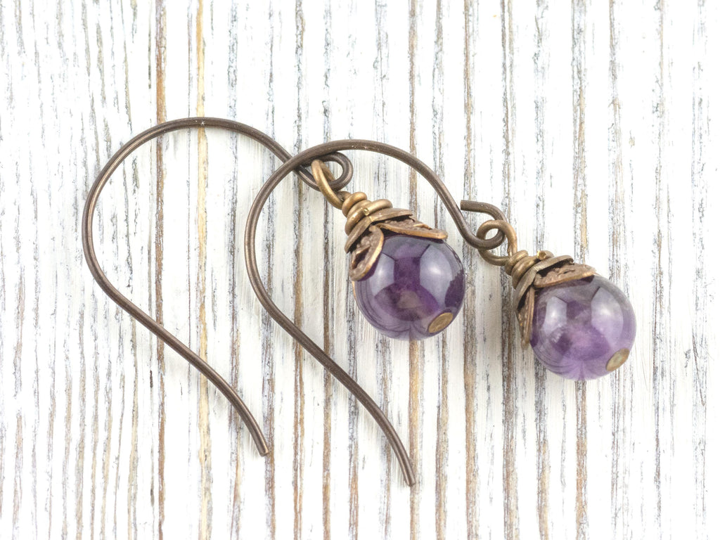 Amethyst Gemstone Brass Petal Earrings • Earthy Purple Boho Jewelry • Handmade Dangly Earrings • Jewelry Gift Idea • Nickel-free • Lead-free