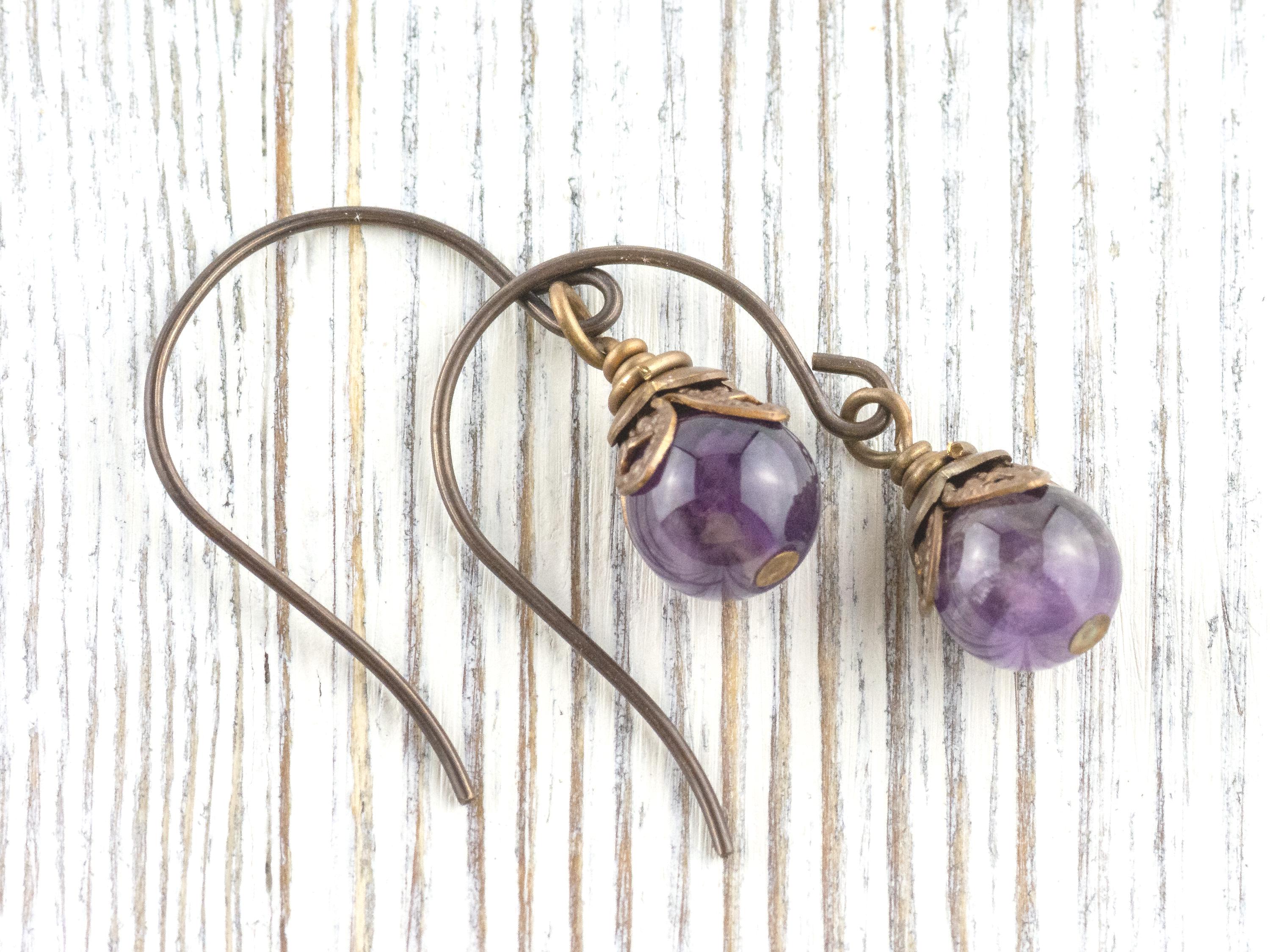 Amethyst Gemstone Brass Petal Earrings • Earthy Purple Boho Jewelry • Handmade Dangly Earrings • Jewelry Gift Idea • Nickel-free • Lead-free
