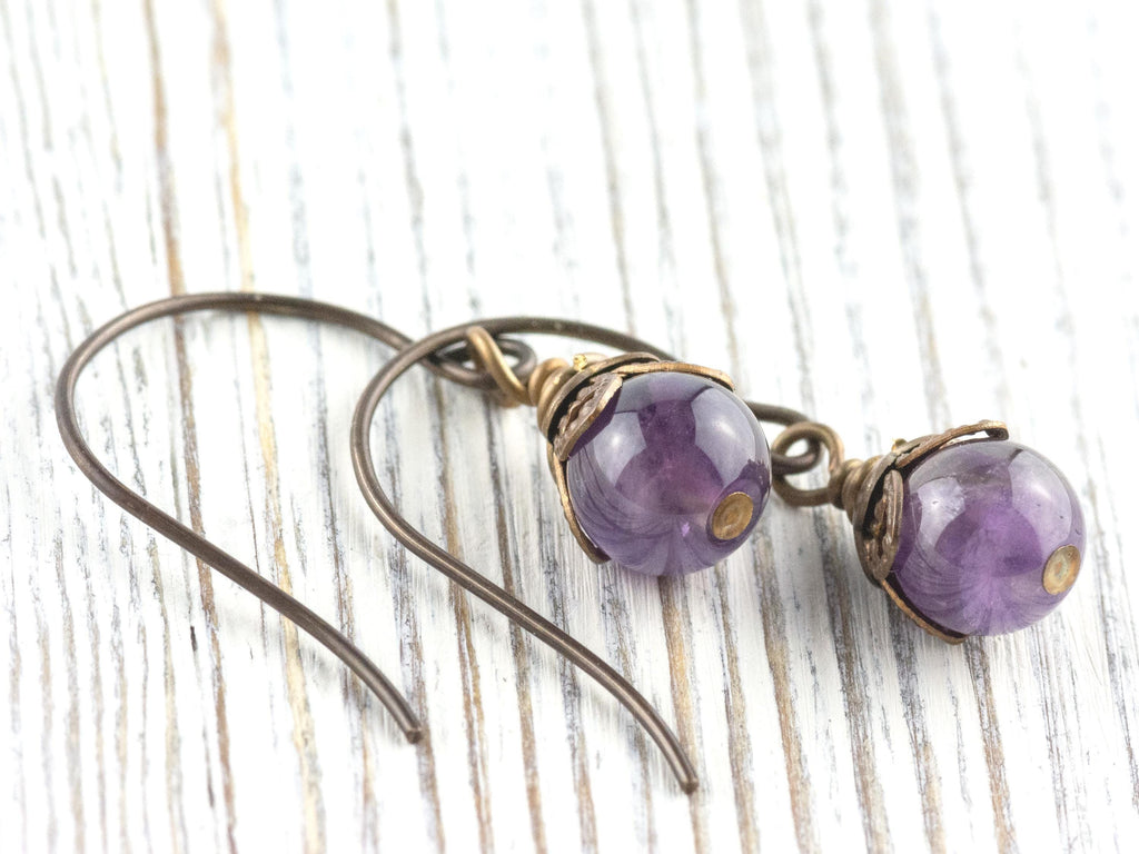 Amethyst Gemstone Brass Petal Earrings • Earthy Purple Boho Jewelry • Handmade Dangly Earrings • Jewelry Gift Idea • Nickel-free • Lead-free