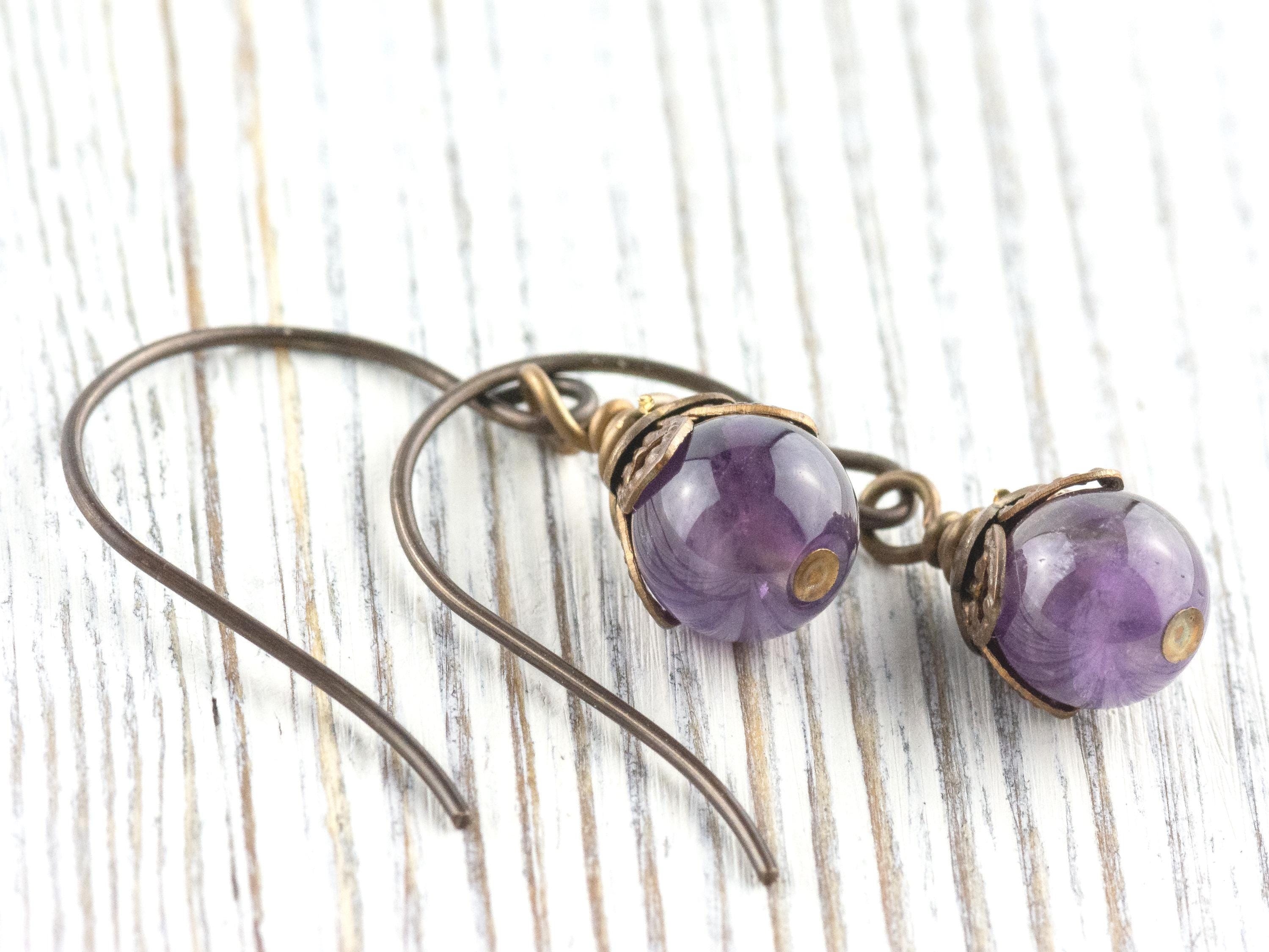 Amethyst Gemstone Brass Petal Earrings • Earthy Purple Boho Jewelry • Handmade Dangly Earrings • Jewelry Gift Idea • Nickel-free • Lead-free