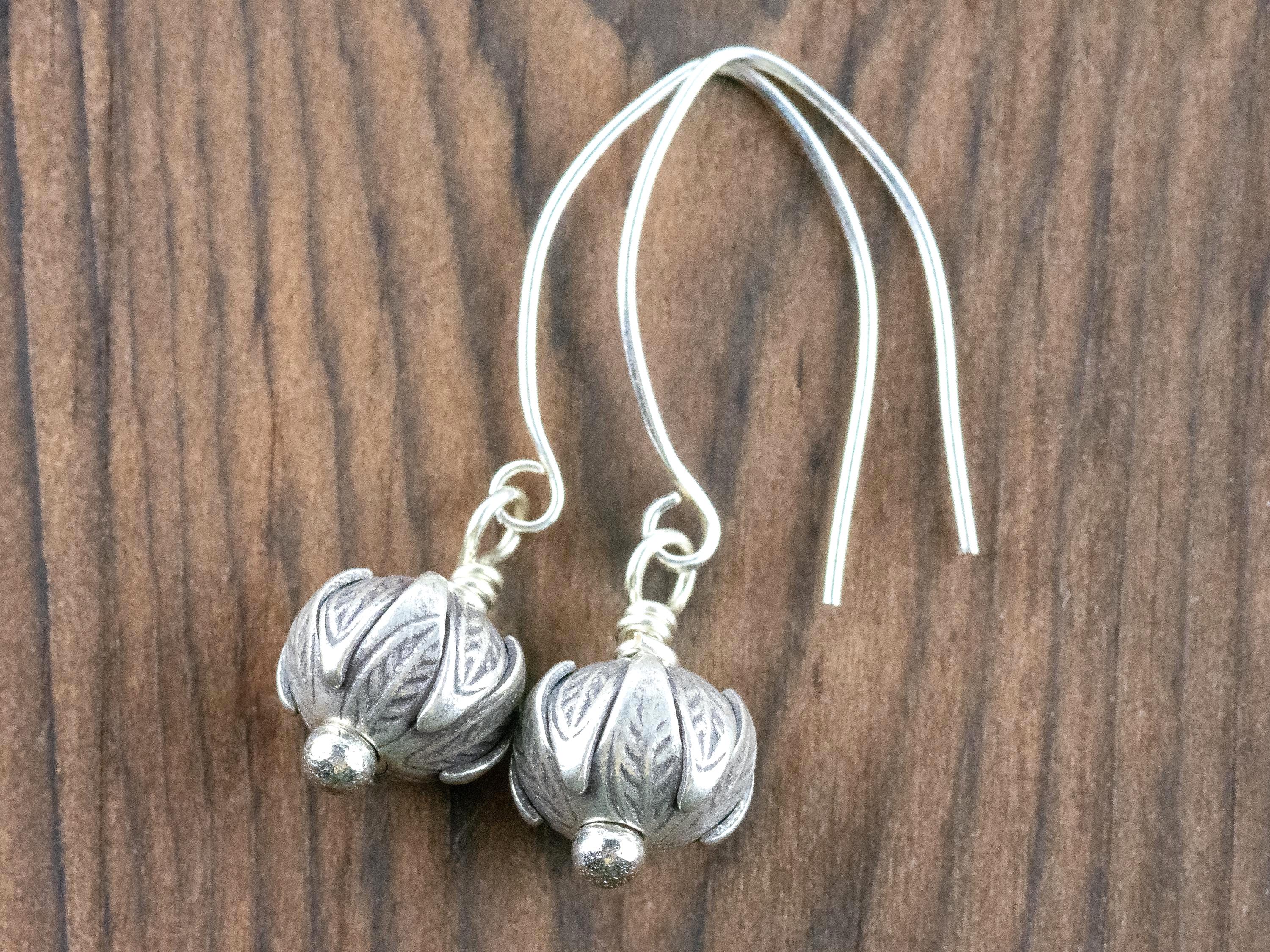 Flower Bud .925 Sterling Silver Charm Earrings • Boho Minimalist Jewelry • Hypoallergenic Hill Tribe Fine Silver Ear Wires • Cute Earrings