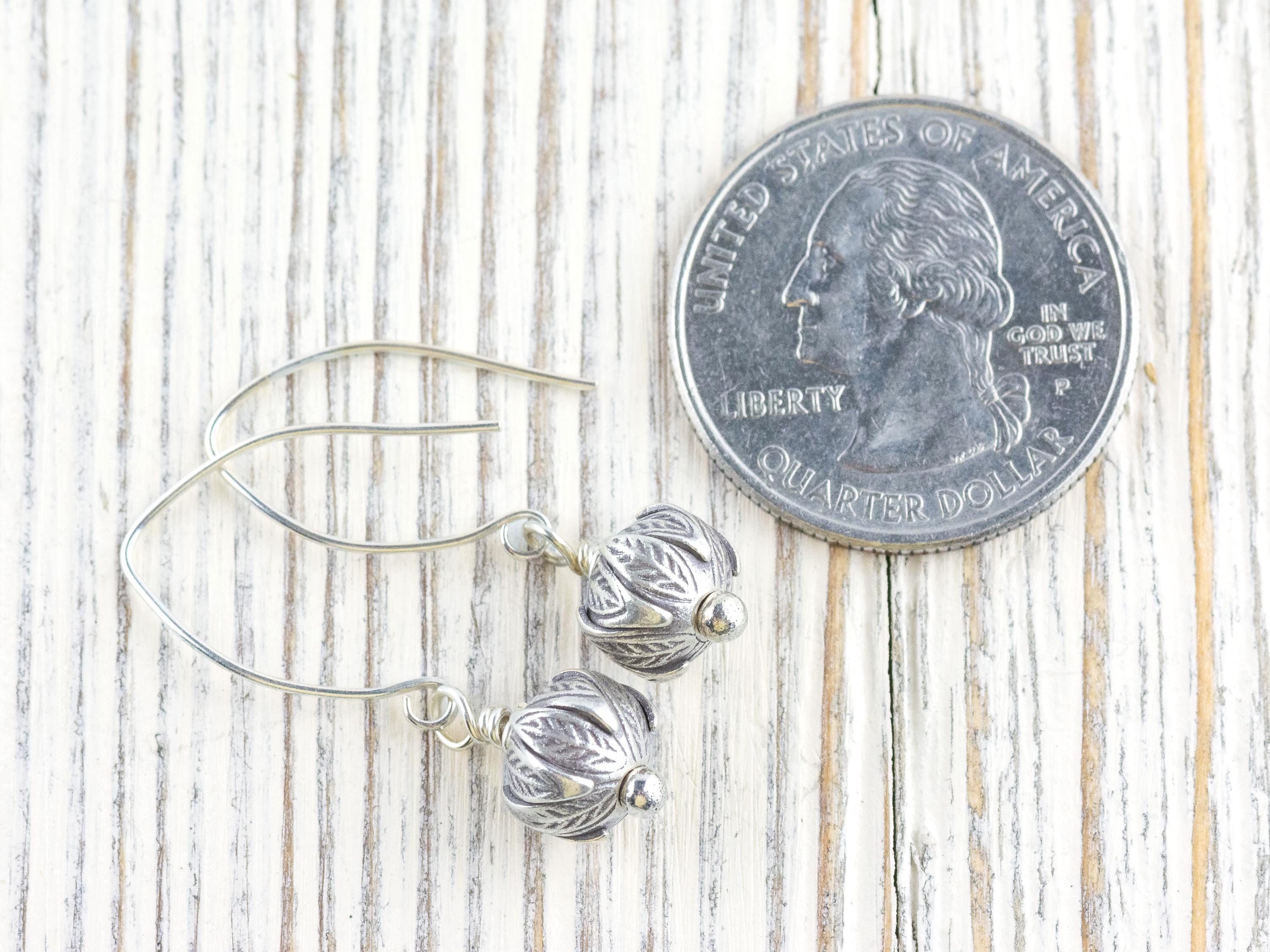 Flower Bud .925 Sterling Silver Charm Earrings • Boho Minimalist Jewelry • Hypoallergenic Hill Tribe Fine Silver Ear Wires • Cute Earrings