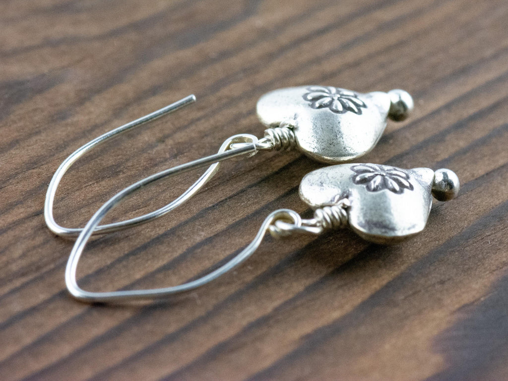 Heart-Shaped Silver Charm Earrings • Boho Minimalist Jewelry • Hypoallergenic Hill Tribe Fine Silver Ear Wires • Cute Earrings