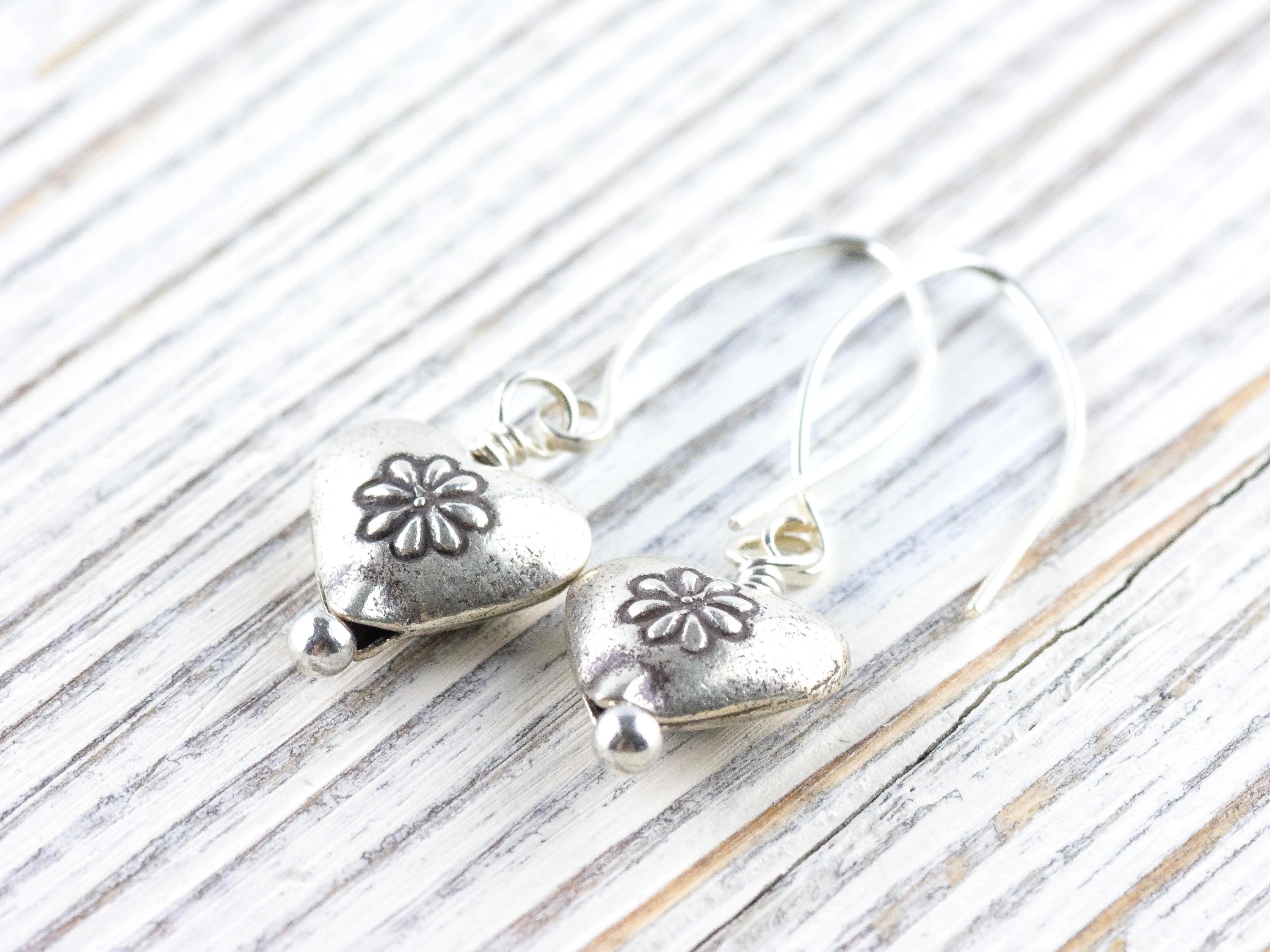 Heart-Shaped Silver Charm Earrings • Boho Minimalist Jewelry • Hypoallergenic Hill Tribe Fine Silver Ear Wires • Cute Earrings