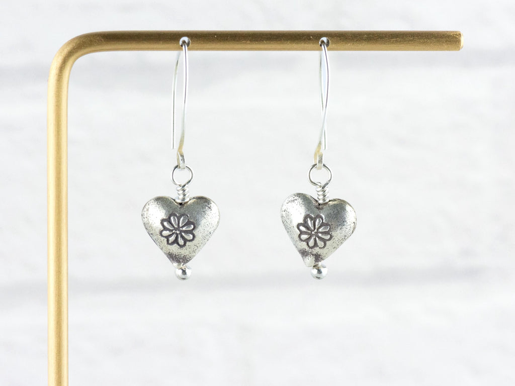 Heart-Shaped Silver Charm Earrings • Boho Minimalist Jewelry • Hypoallergenic Hill Tribe Fine Silver Ear Wires • Cute Earrings