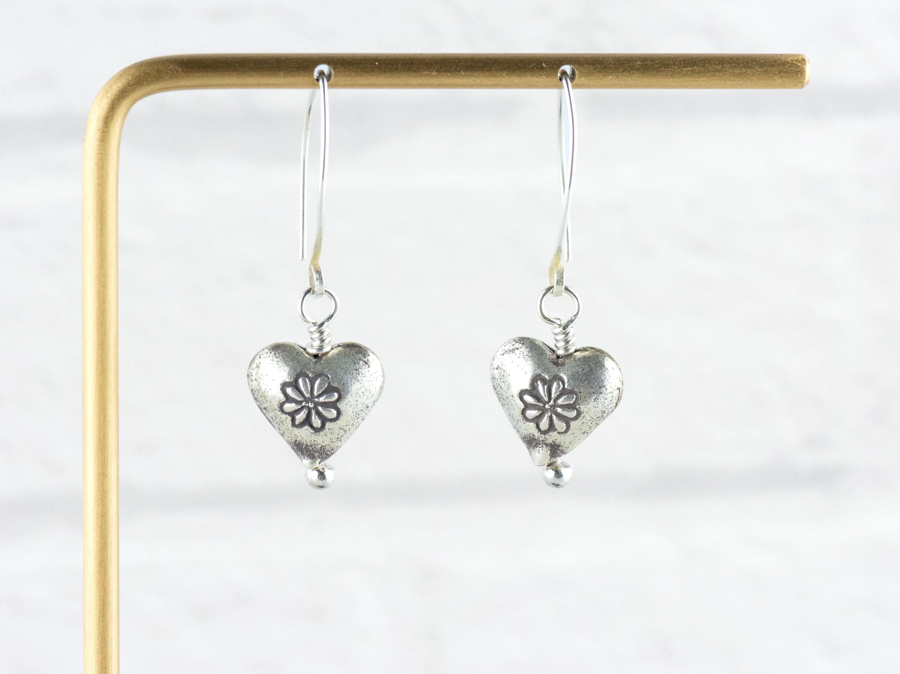 Heart-Shaped Silver Charm Earrings • Boho Minimalist Jewelry • Hypoallergenic Hill Tribe Fine Silver Ear Wires • Cute Earrings