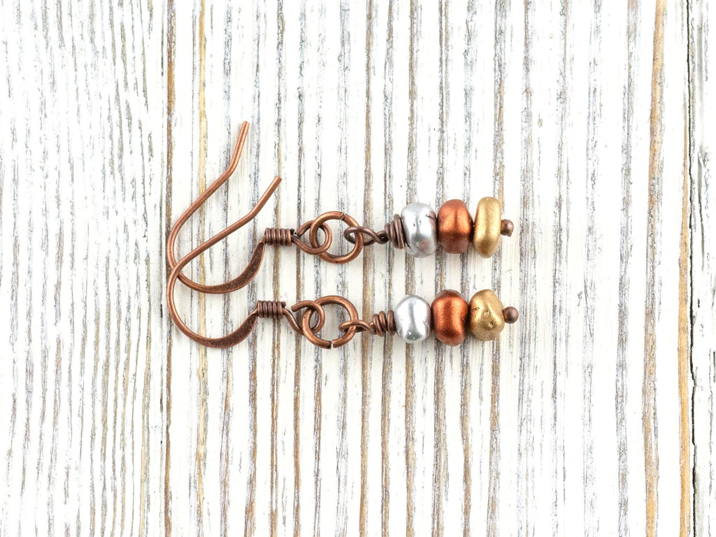 Silver, Copper and Gold Metallic Earrings • Earthy Boho Jewelry • Handmade Dangly Earrings • Jewelry Gift Idea • Mixed Metal Copper Jewelry
