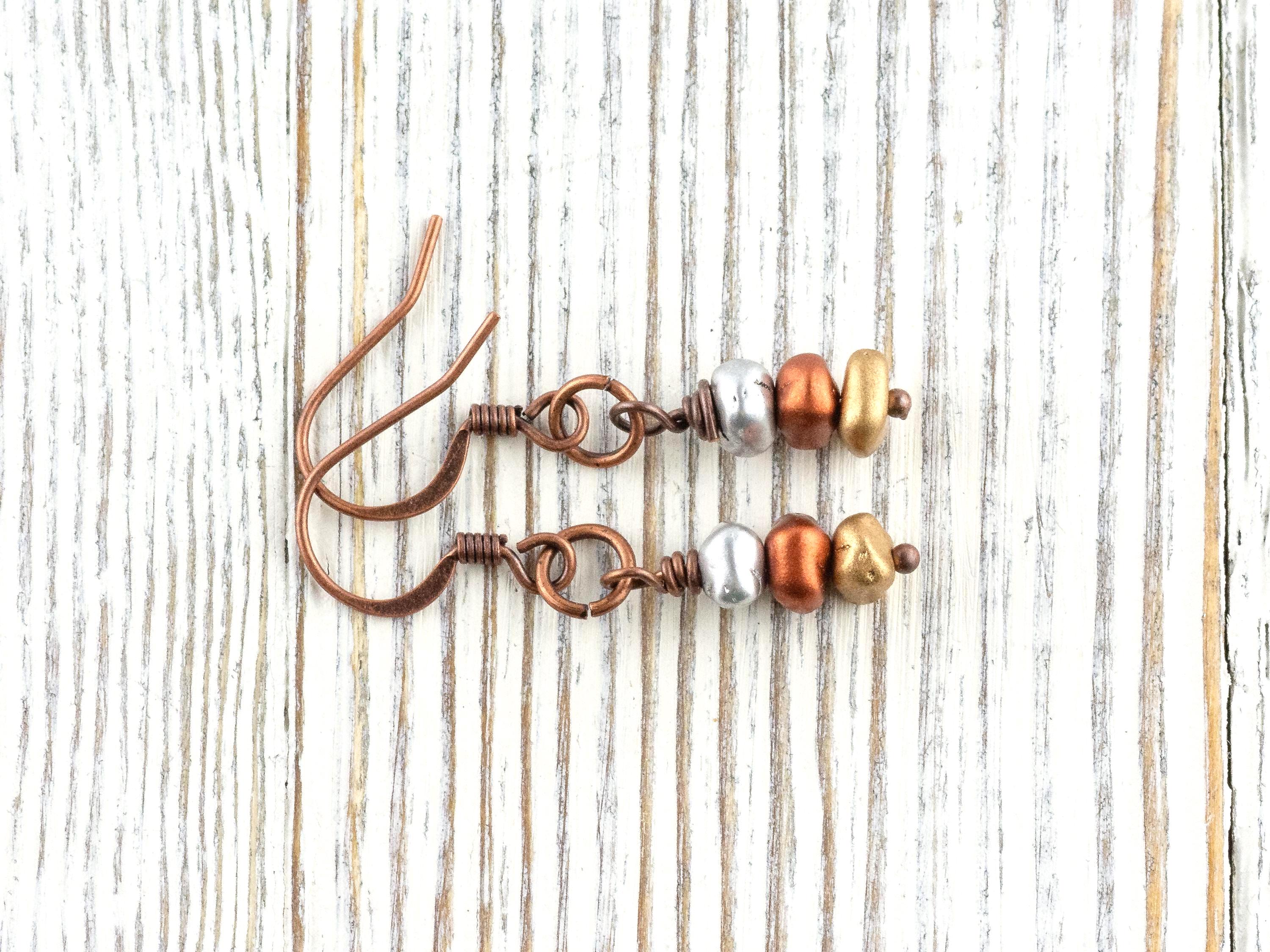 Silver, Copper and Gold Metallic Earrings • Earthy Boho Jewelry • Handmade Dangly Earrings • Jewelry Gift Idea • Mixed Metal Copper Jewelry