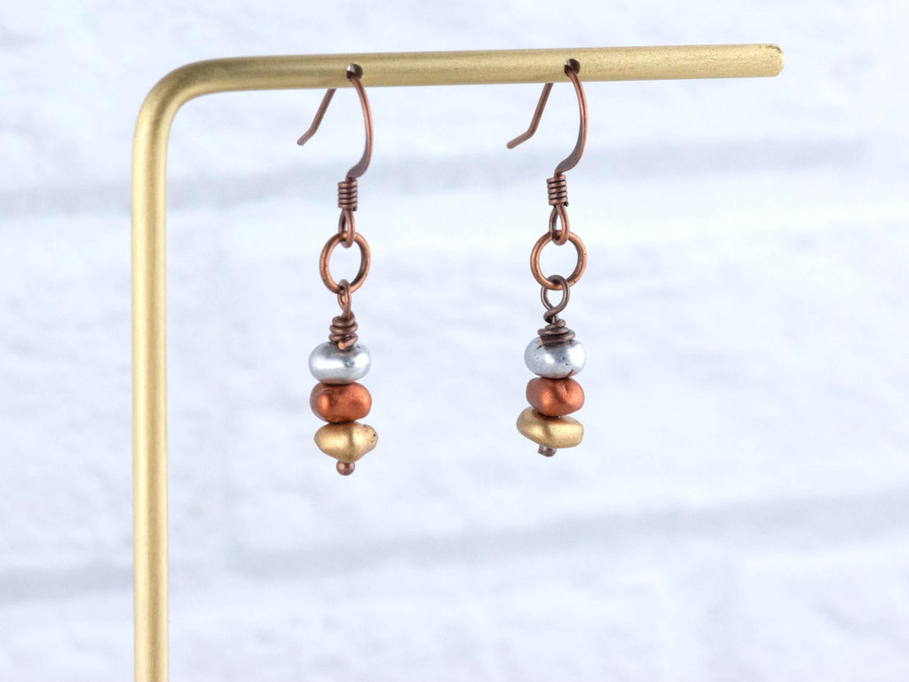 Silver, Copper and Gold Metallic Earrings • Earthy Boho Jewelry • Handmade Dangly Earrings • Jewelry Gift Idea • Mixed Metal Copper Jewelry