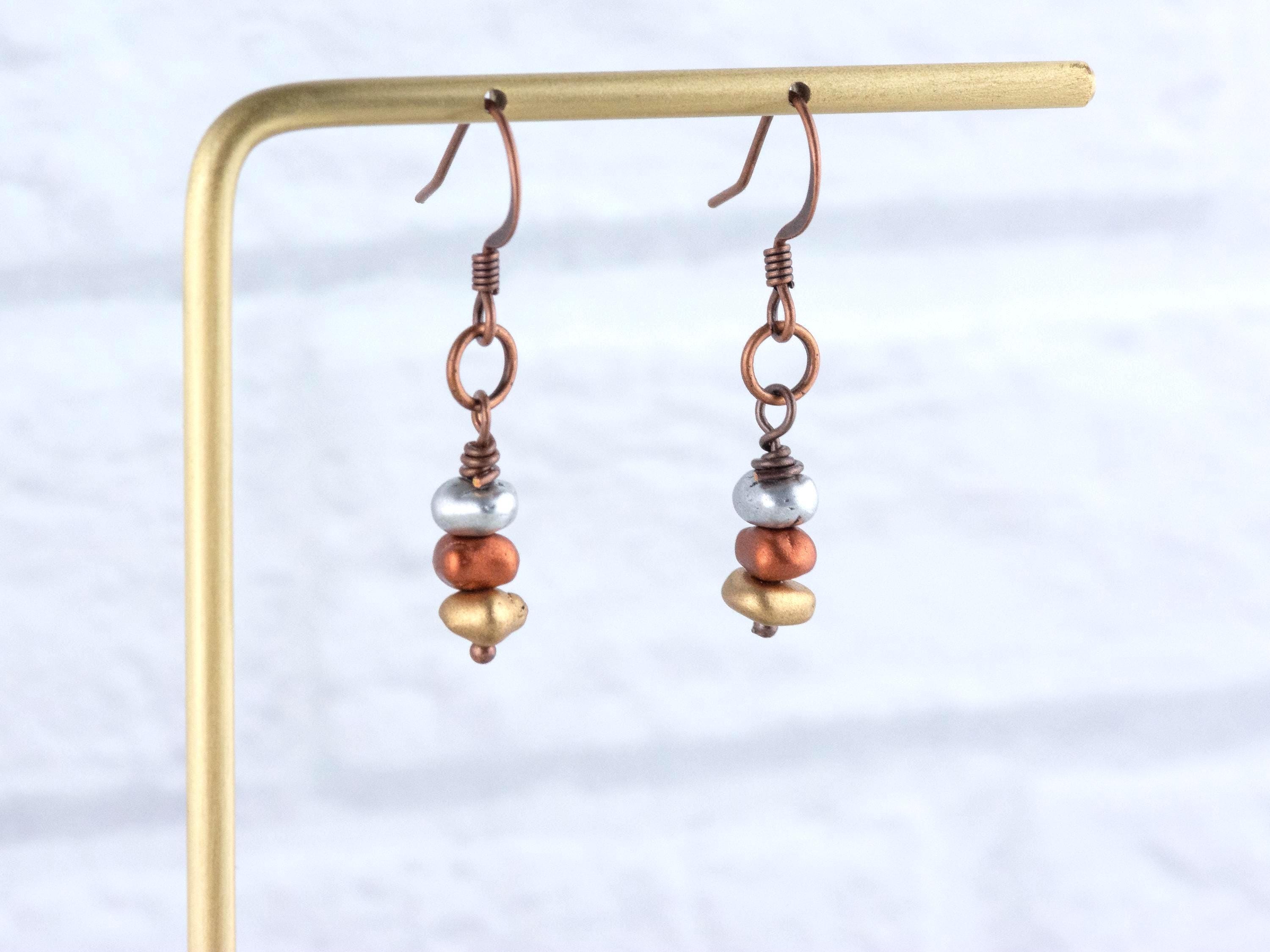 Silver, Copper and Gold Metallic Earrings • Earthy Boho Jewelry • Handmade Dangly Earrings • Jewelry Gift Idea • Mixed Metal Copper Jewelry