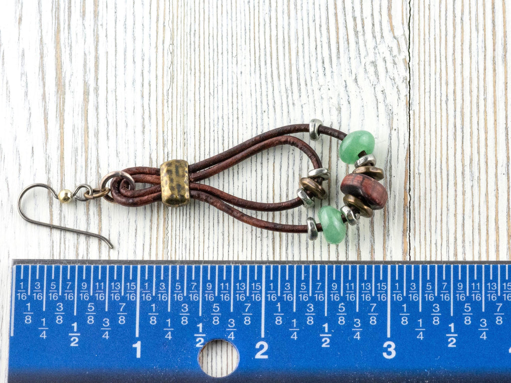 Leather Cord Gemstone Hoop Earrings • Nature-Themed Boho Jewelry • Lead-Free Pewter Earthy Drop Earrings • Unique Earrings • Handmade Gift