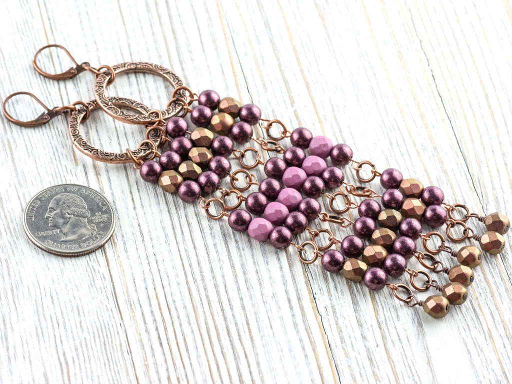 Copper Rose Fringe Drop Earrings • Earthy Boho Jewelry • Handmade Statement Earrings • Jewelry Gift Idea • Unique Dangly Hoop Earrings