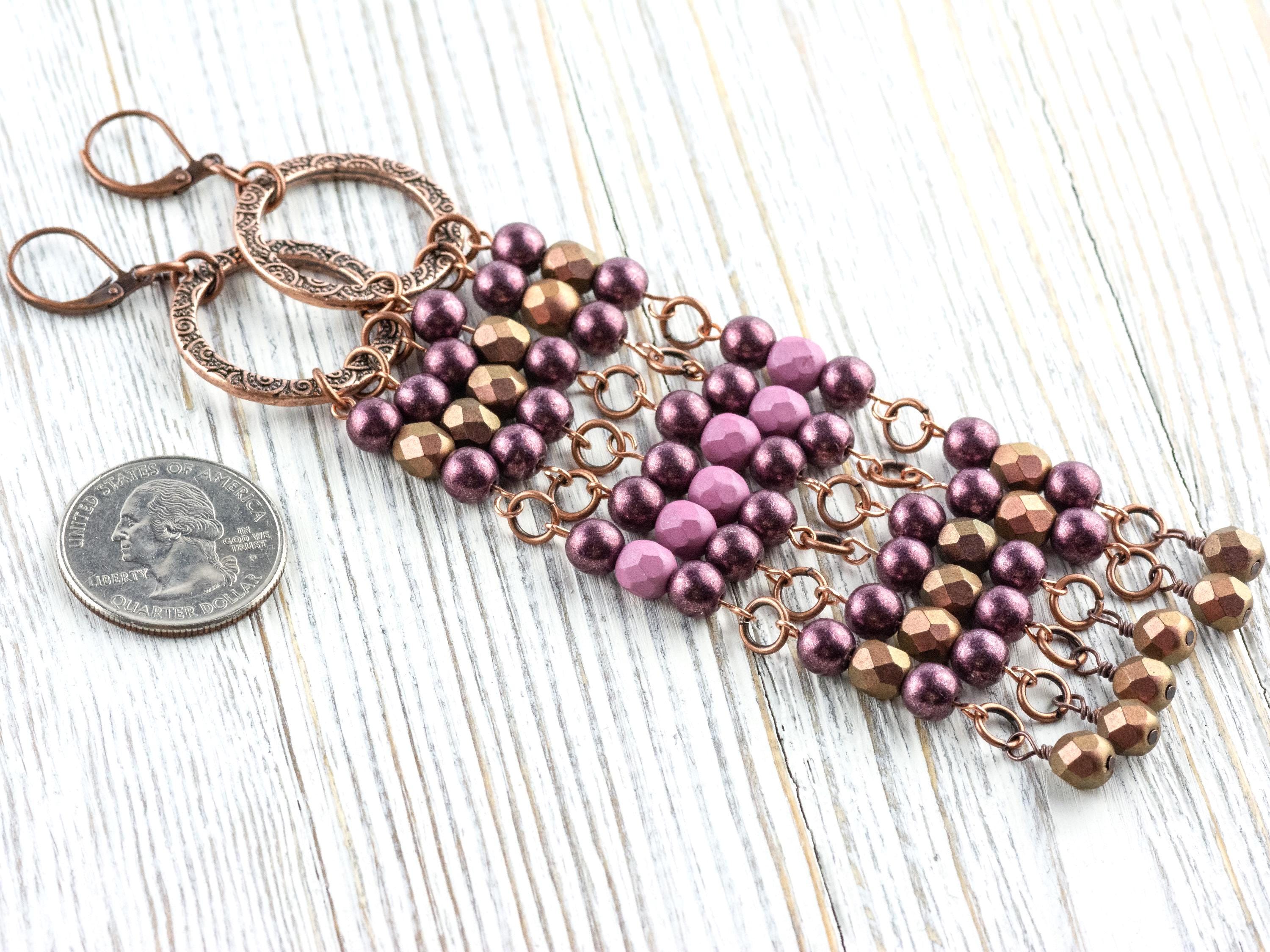 Copper Rose Fringe Drop Earrings • Earthy Boho Jewelry • Handmade Statement Earrings • Jewelry Gift Idea • Unique Dangly Hoop Earrings