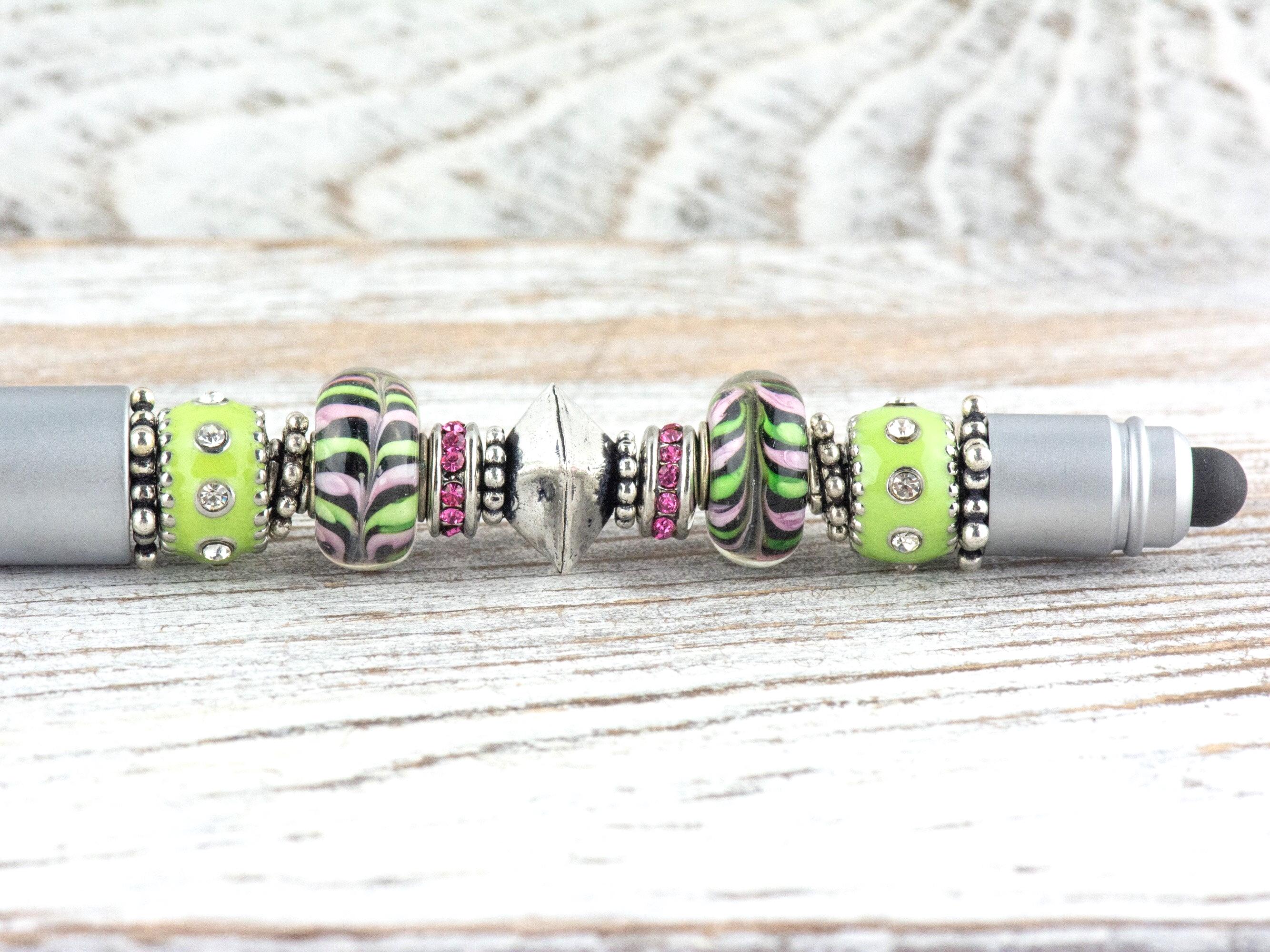 Lime and Pink Lemonade Beaded Silver Stylus Pen • Lampwork Glass Beads • Metal Ballpoint