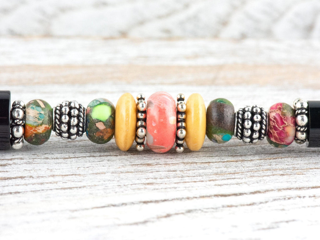 Moon Over Miami Beaded Black Stylus Pen • Lampwork Glass Beads • Metal Ballpoint