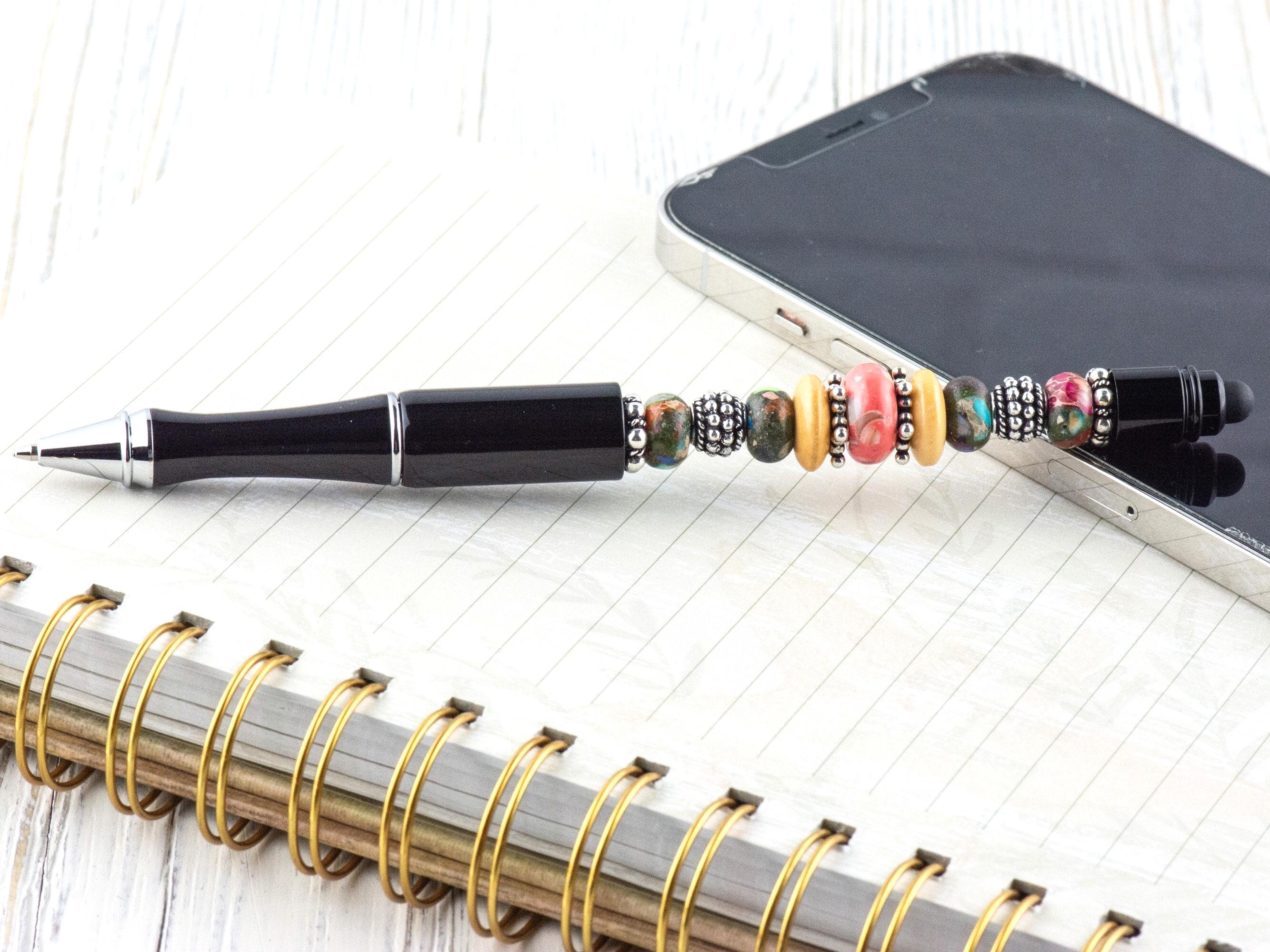 Moon Over Miami Beaded Black Stylus Pen • Lampwork Glass Beads • Metal Ballpoint