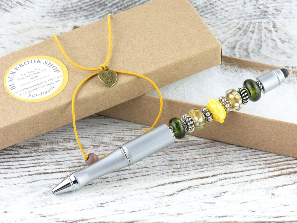 Spring in the City Beaded Silver Stylus Pen • Lampwork Glass Beads • Metal Ballpoint