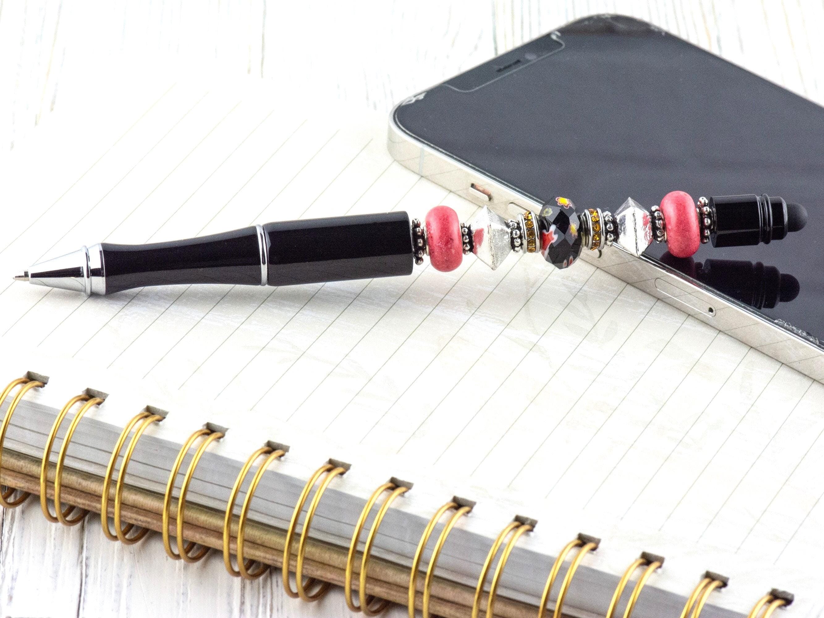 Midnight Rose Beaded Black Stylus Pen • Lampwork Glass Beads • Metal Ballpoint