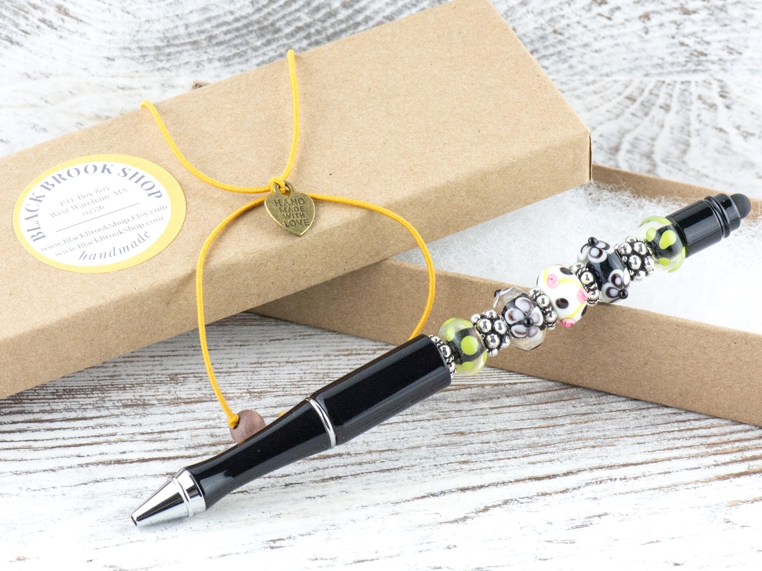 Floral Pop Beaded Black Stylus Pen • Lampwork Glass Beads • Metal Ballpoint