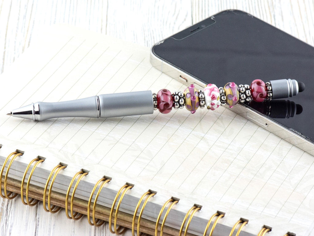 Pink Ribbon Breast Cancer Awareness Beaded Silver Stylus Pen • Lampwork Glass Beads • Metal Ballpoint
