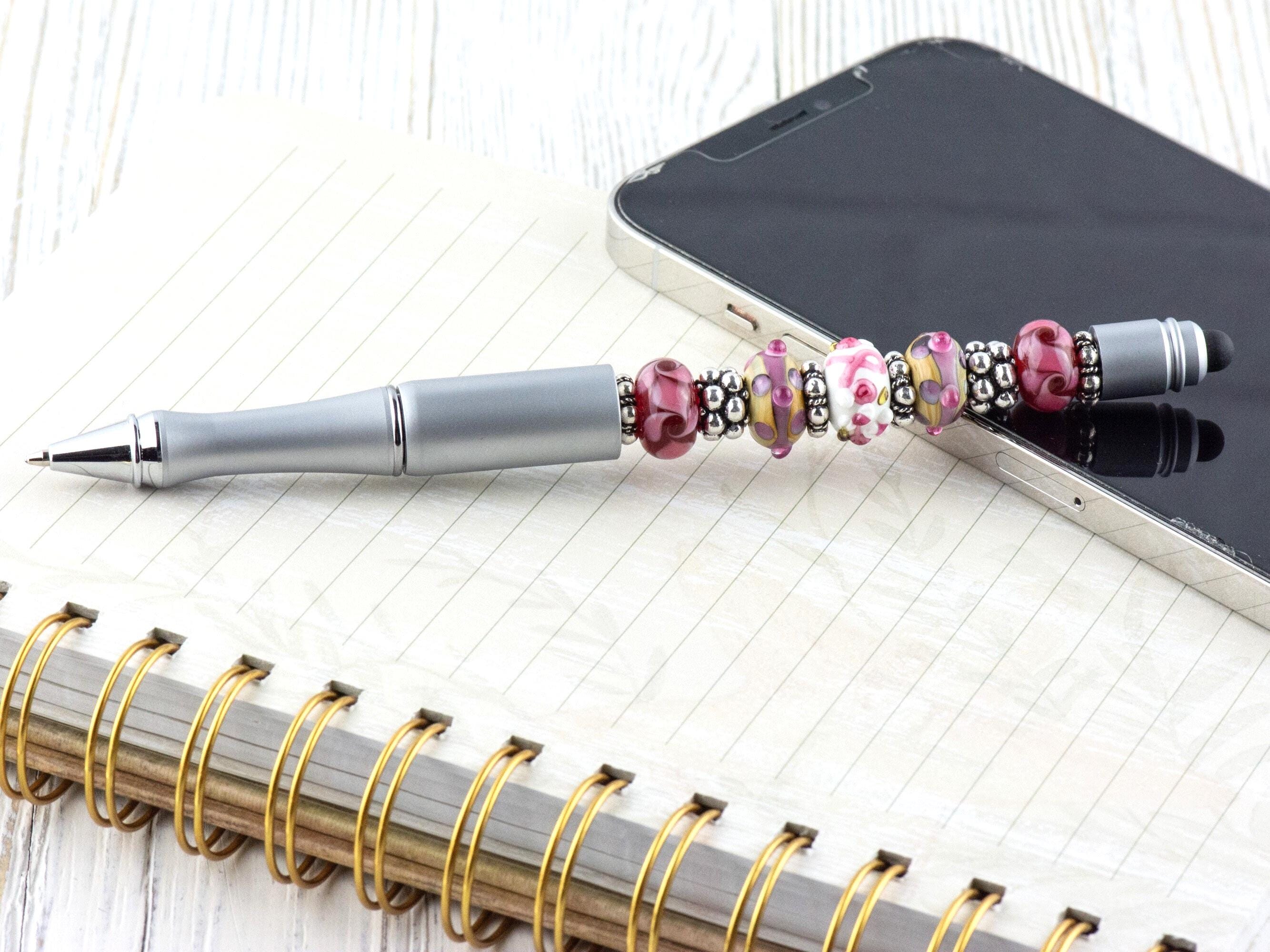 Pink Ribbon Breast Cancer Awareness Beaded Silver Stylus Pen • Lampwork Glass Beads • Metal Ballpoint