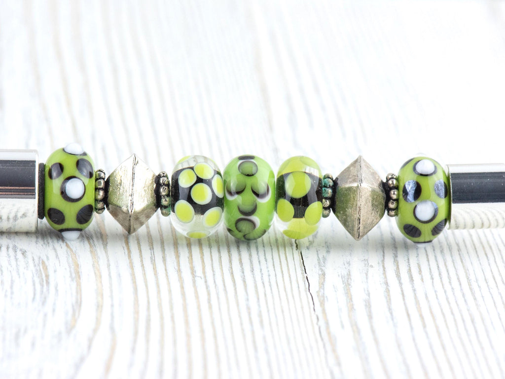 Green and Silver Beaded Metal Ballpoint Pen with Lampwork Glass Beads • Refillable