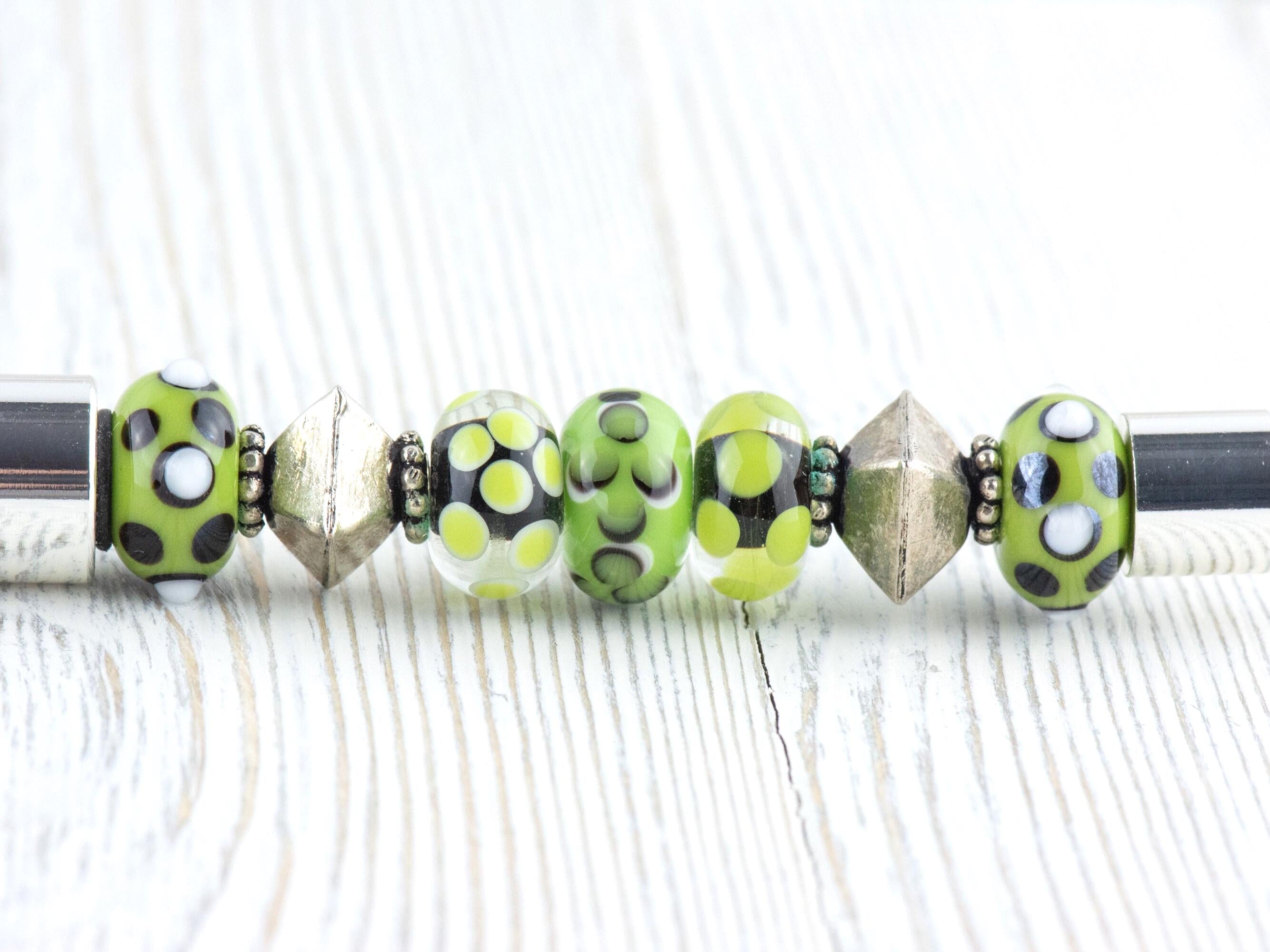 Green and Silver Beaded Metal Ballpoint Pen with Lampwork Glass Beads • Refillable