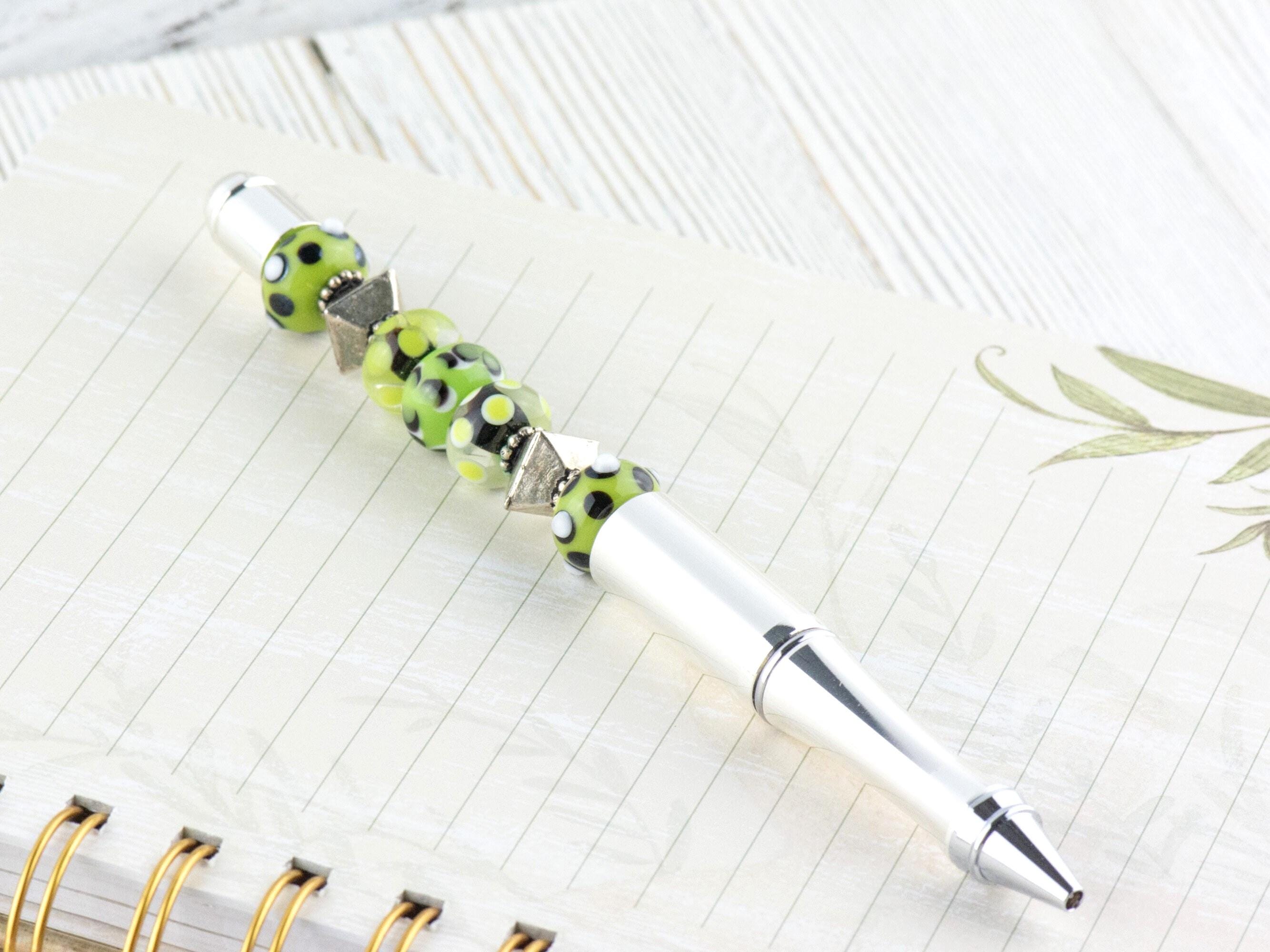 Green and Silver Beaded Metal Ballpoint Pen with Lampwork Glass Beads • Refillable
