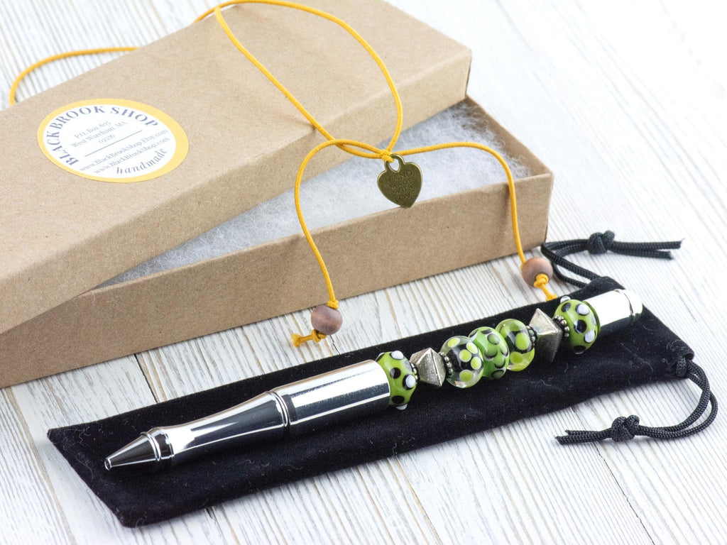 Green and Silver Beaded Metal Ballpoint Pen with Lampwork Glass Beads • Refillable