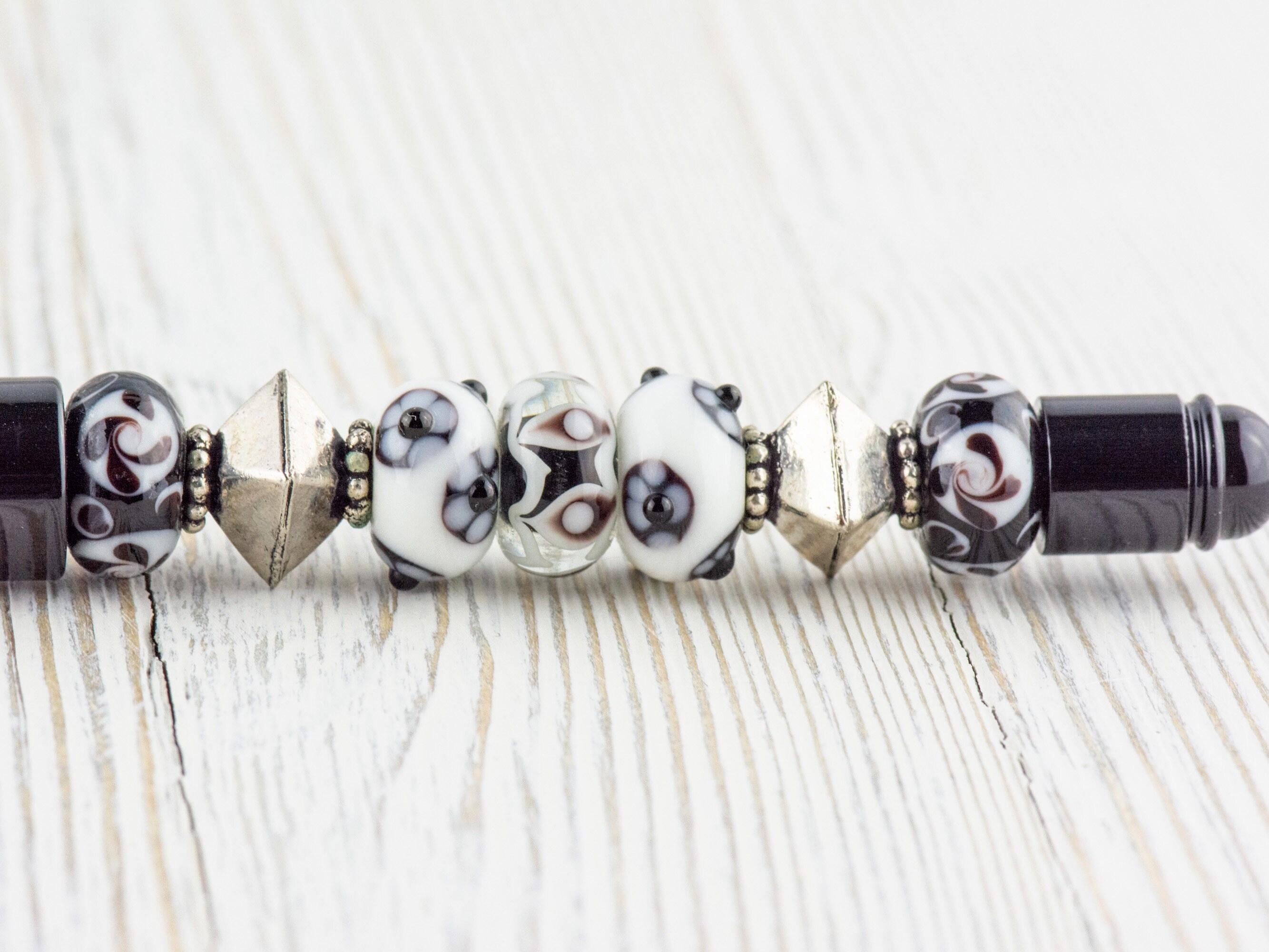 Black and White Beaded Metal Ballpoint Pen with Lampwork Glass Beads • Refillable