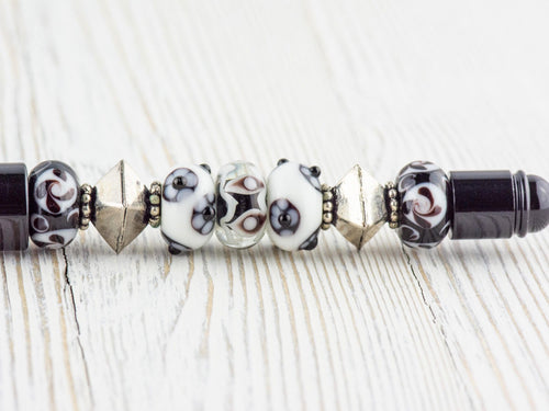 Black and White Beaded Metal Ballpoint Pen with Lampwork Glass Beads • Refillable