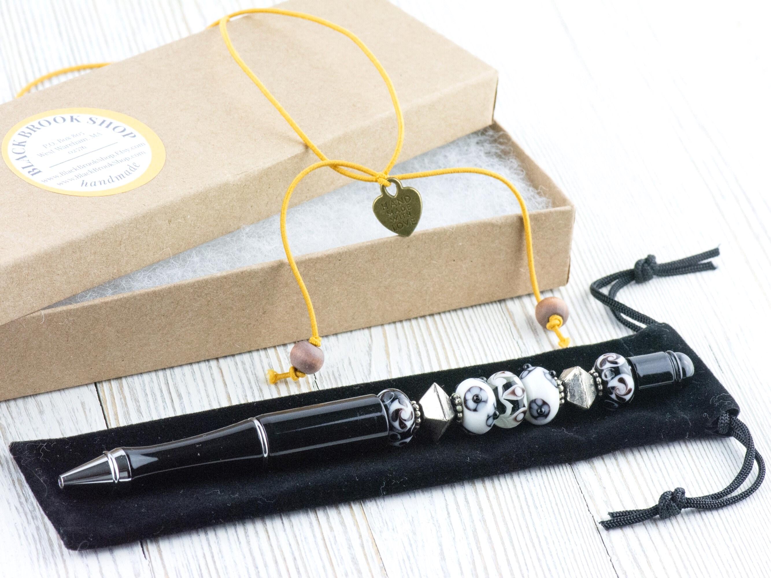 Black and White Beaded Metal Ballpoint Pen with Lampwork Glass Beads • Refillable