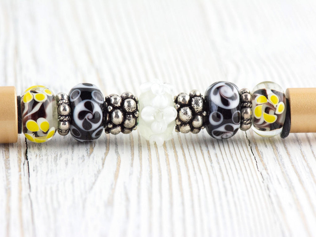 Black and Gold Beaded Metal Ballpoint Pen with Lampwork Glass Beads • Refillable