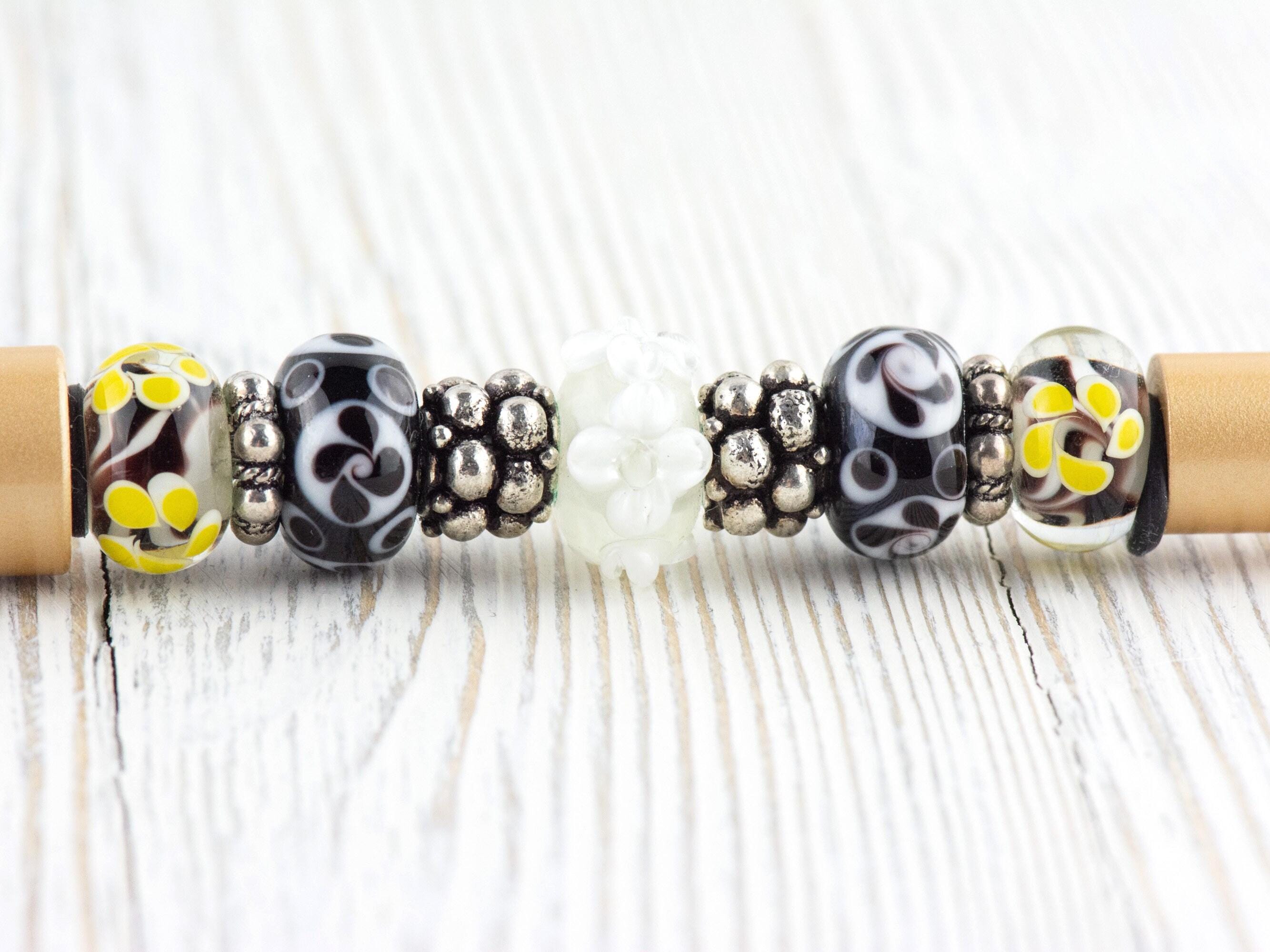 Black and Gold Beaded Metal Ballpoint Pen with Lampwork Glass Beads • Refillable