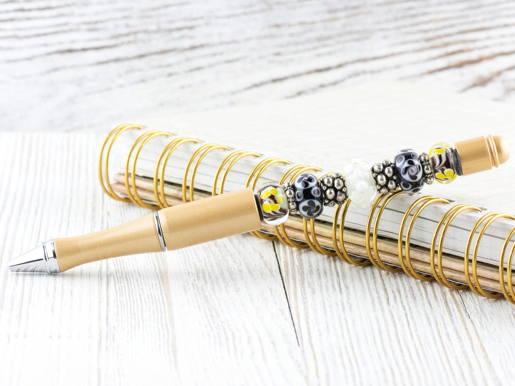 Black and Gold Beaded Metal Ballpoint Pen with Lampwork Glass Beads • Refillable
