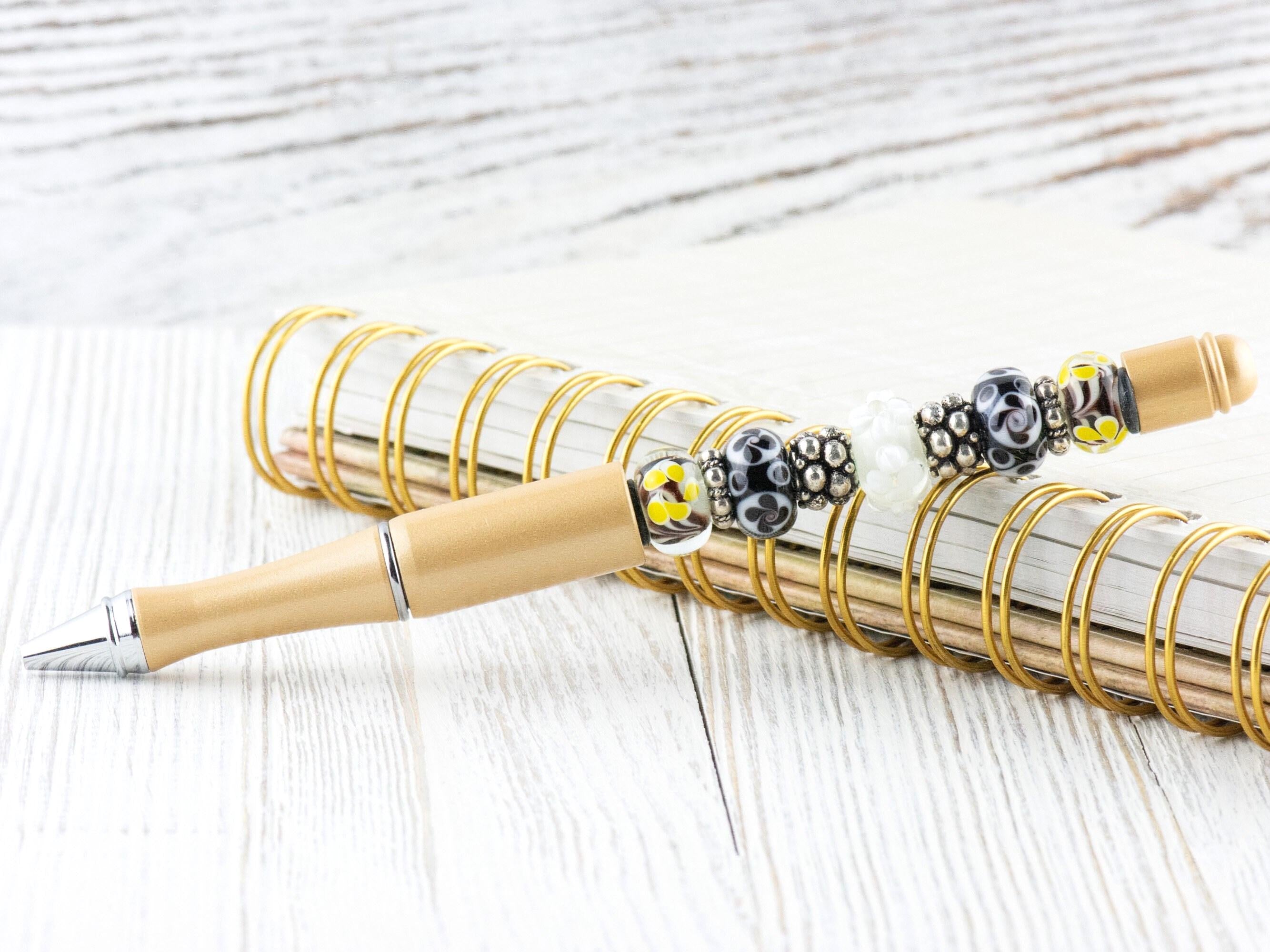 Black and Gold Beaded Metal Ballpoint Pen with Lampwork Glass Beads • Refillable