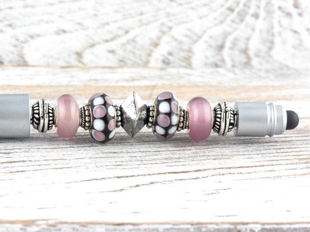 Lilac Love Beaded Silver Stylus Pen • Lampwork Glass Beads • Metal Ballpoint