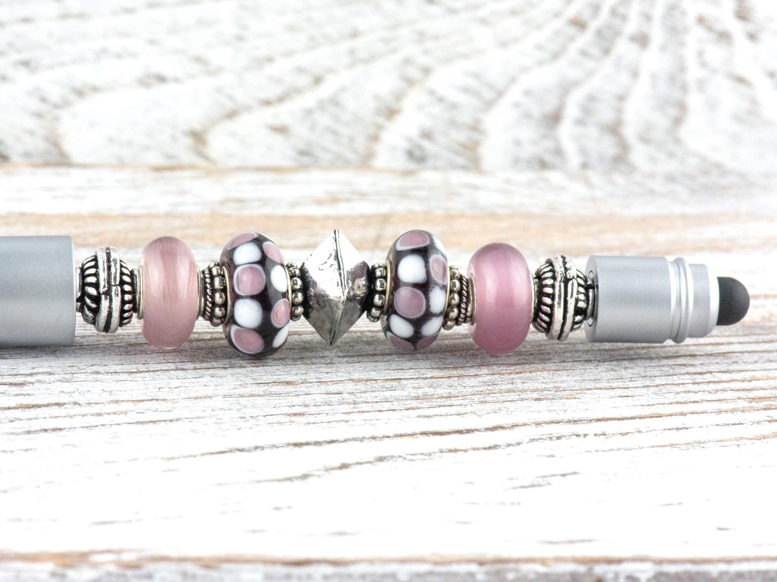 Lilac Love Beaded Silver Stylus Pen • Lampwork Glass Beads • Metal Ballpoint